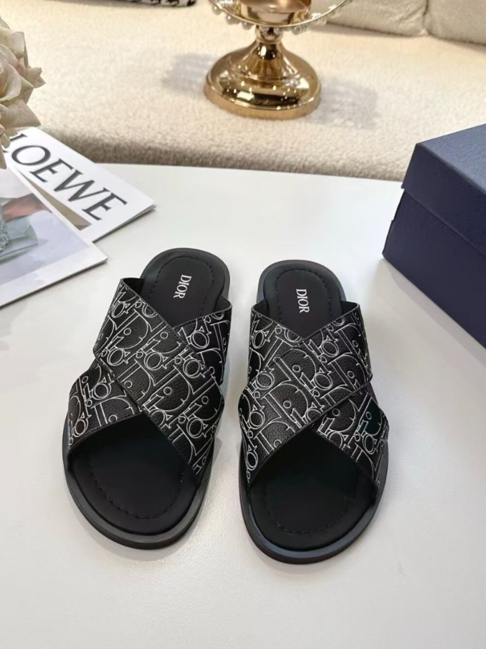 Dior Black Signature Logo Cross‑Strap Open Toe Slide Sandals